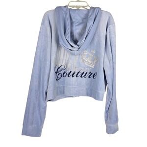 Juicy Couture Velour Hoodie Light Blue Full Zip Crown Back Logo Women's XL Y2K
